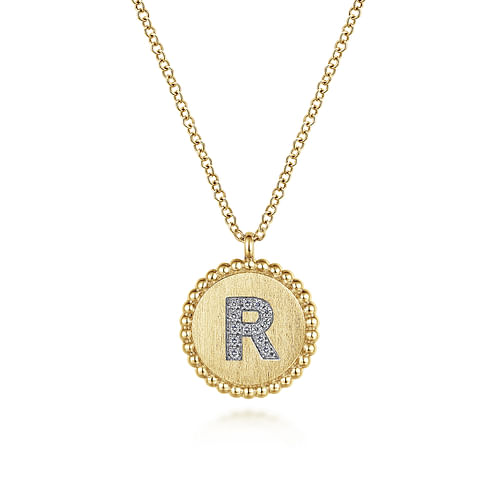 14K Yellow Gold Round R Initial Pendant Necklace with Diamonds