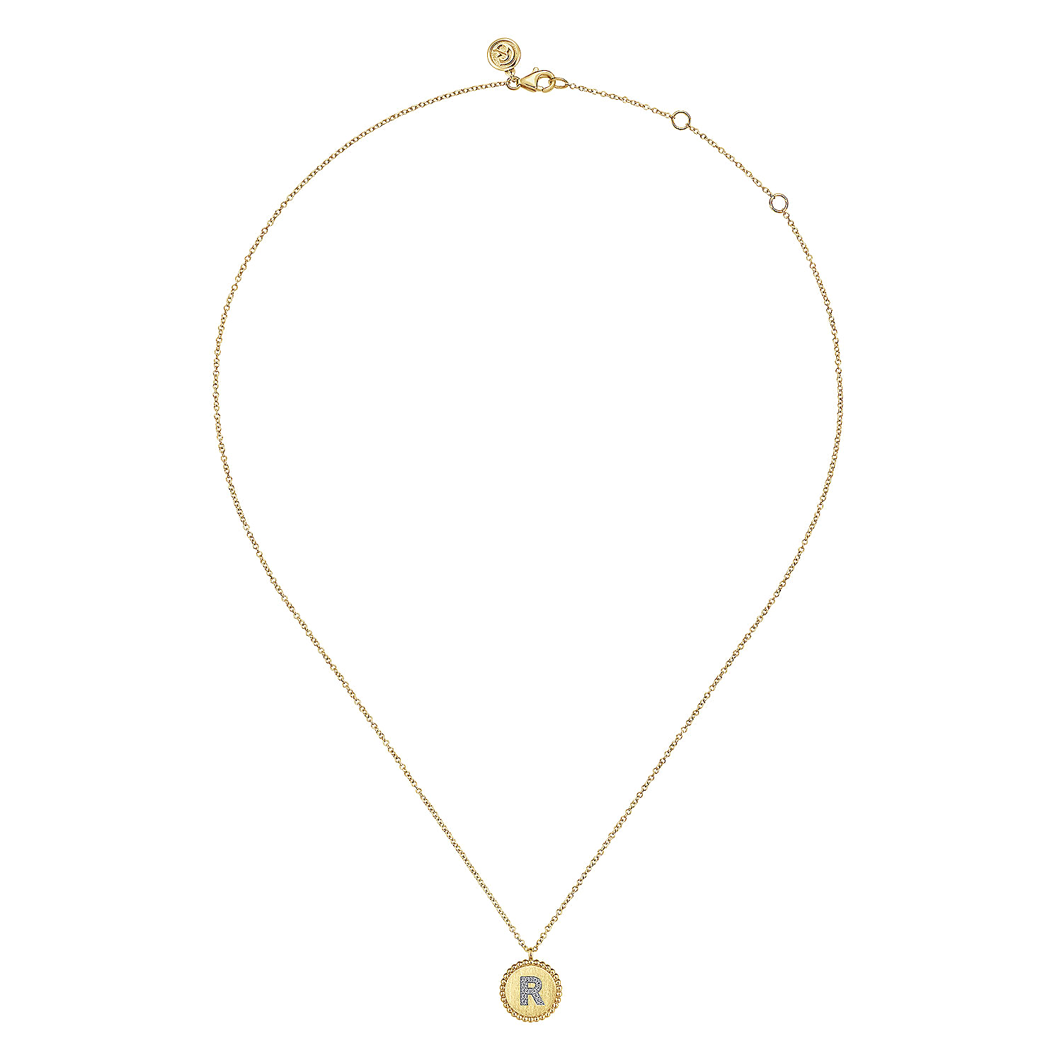 14K Yellow Gold Round R Initial Pendant Necklace with Diamonds