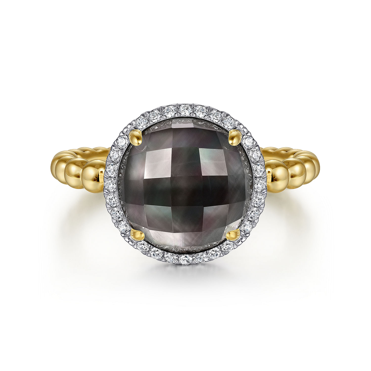 14K Yellow Gold Round Rock Crystal/Black Pearl and Diamond Halo Ring