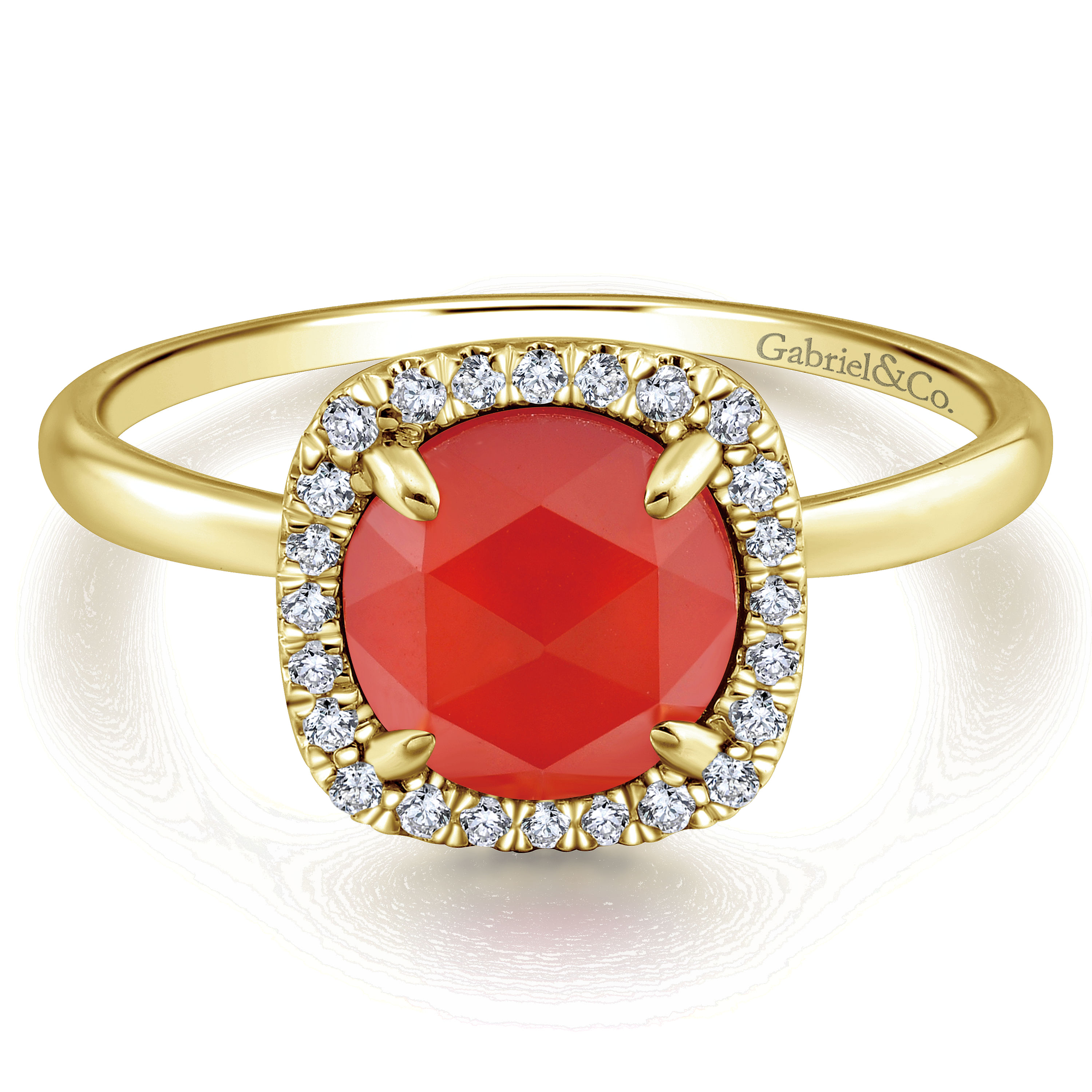 14K Yellow Gold Round Rock Crystal/Red Onyx Cushion Diamond Halo Ring