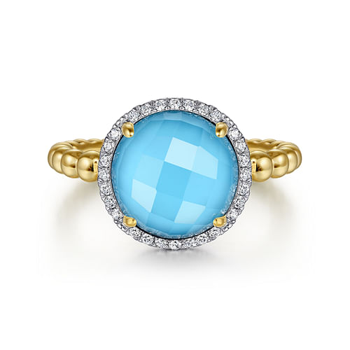 14K Yellow Gold Round Rock Crystal/Turquoise and Diamond Halo Ring