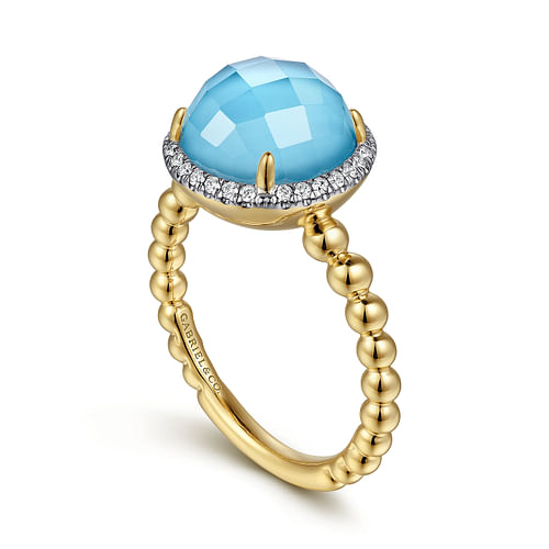 14K Yellow Gold Round Rock Crystal/Turquoise and Diamond Halo Ring