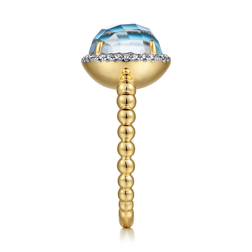 14K Yellow Gold Round Rock Crystal/Turquoise and Diamond Halo Ring