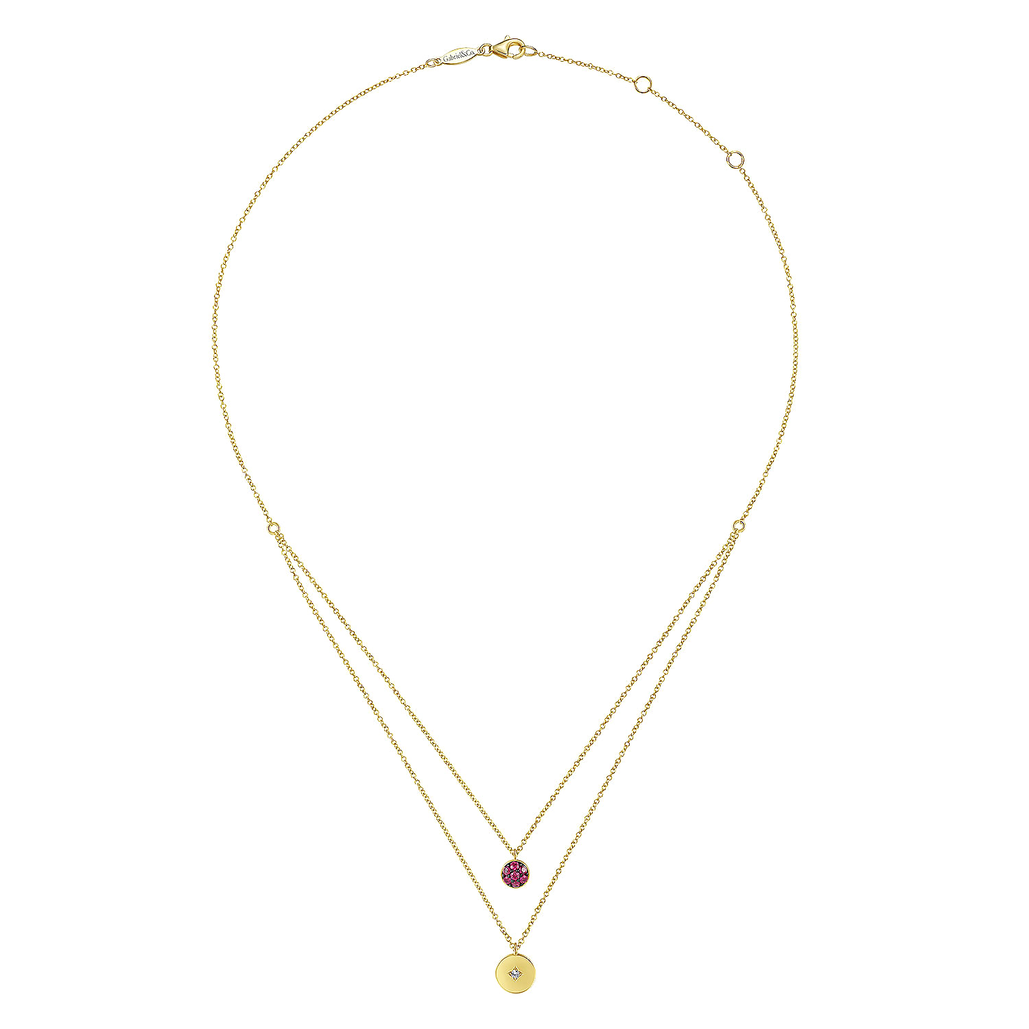 14K Yellow Gold Round Ruby Pavé and Diamond Disc Necklace