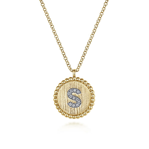 14K Yellow Gold Round S Initial Pendant Necklace with Diamonds