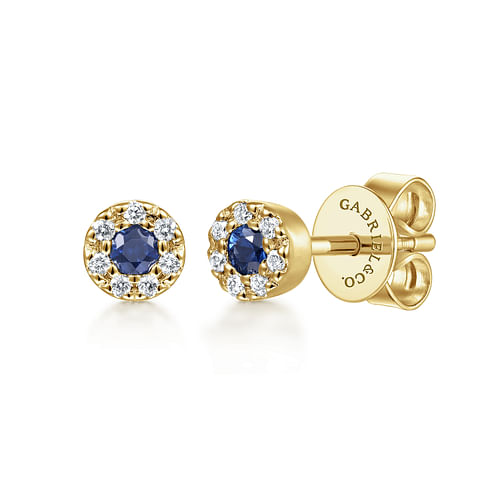 14K Yellow Gold Round Sapphire Diamond Halo Stud Earrings