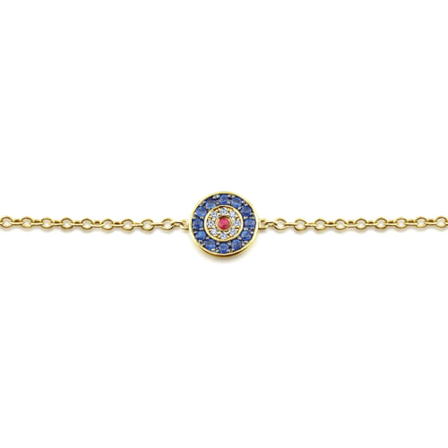 14K Yellow Gold Round Sapphire, Diamond and Ruby Evil Eye Bracelet