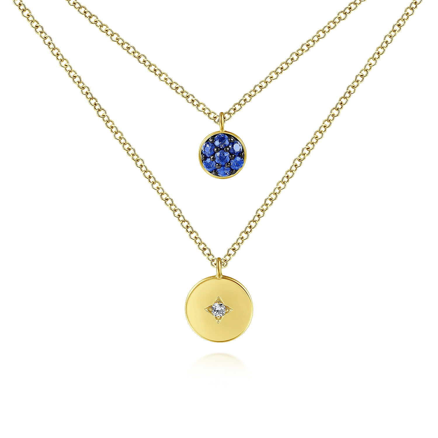 14K Yellow Gold Round Sapphire Pavé and Diamond Disc Necklace