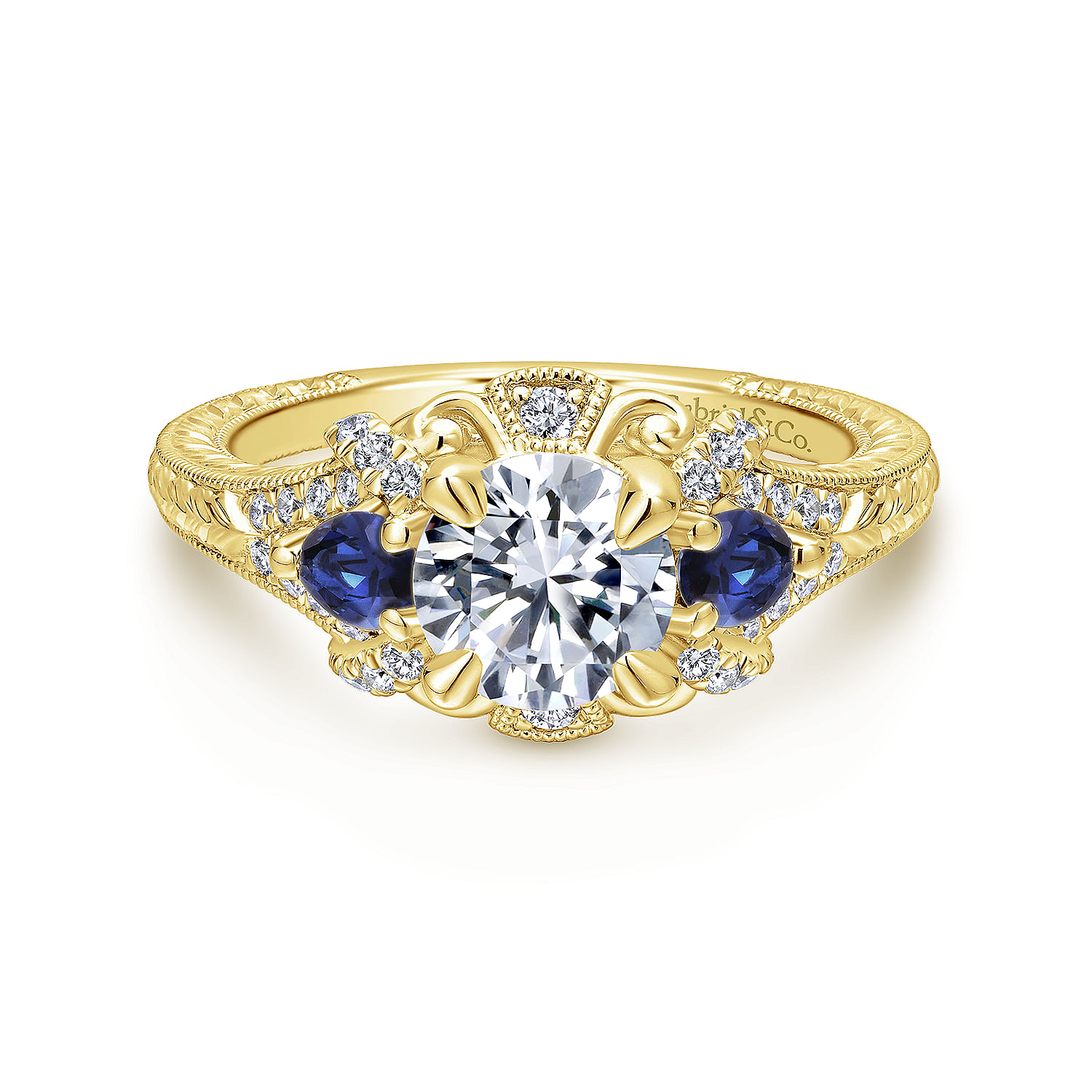 Gabriel - 14K Yellow Gold Round Sapphire and Diamond Engagement Ring