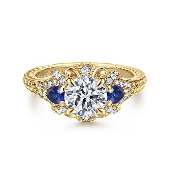Gabriel - 14K Yellow Gold Round Sapphire and Diamond Engagement Ring