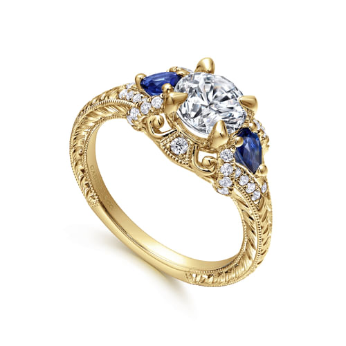 14K Yellow Gold Round Sapphire and Diamond Engagement Ring