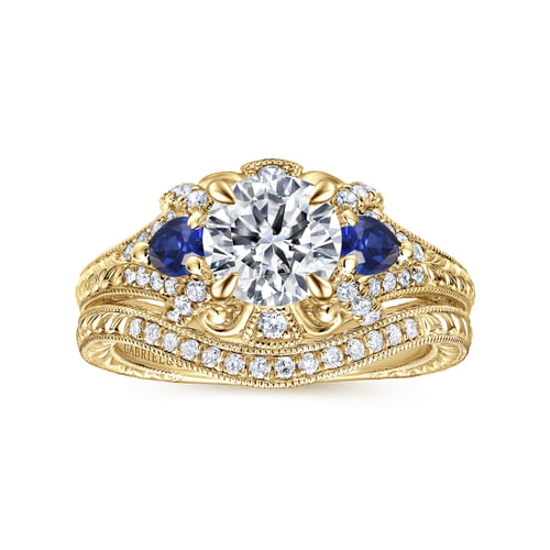 14K Yellow Gold Round Sapphire and Diamond Engagement Ring