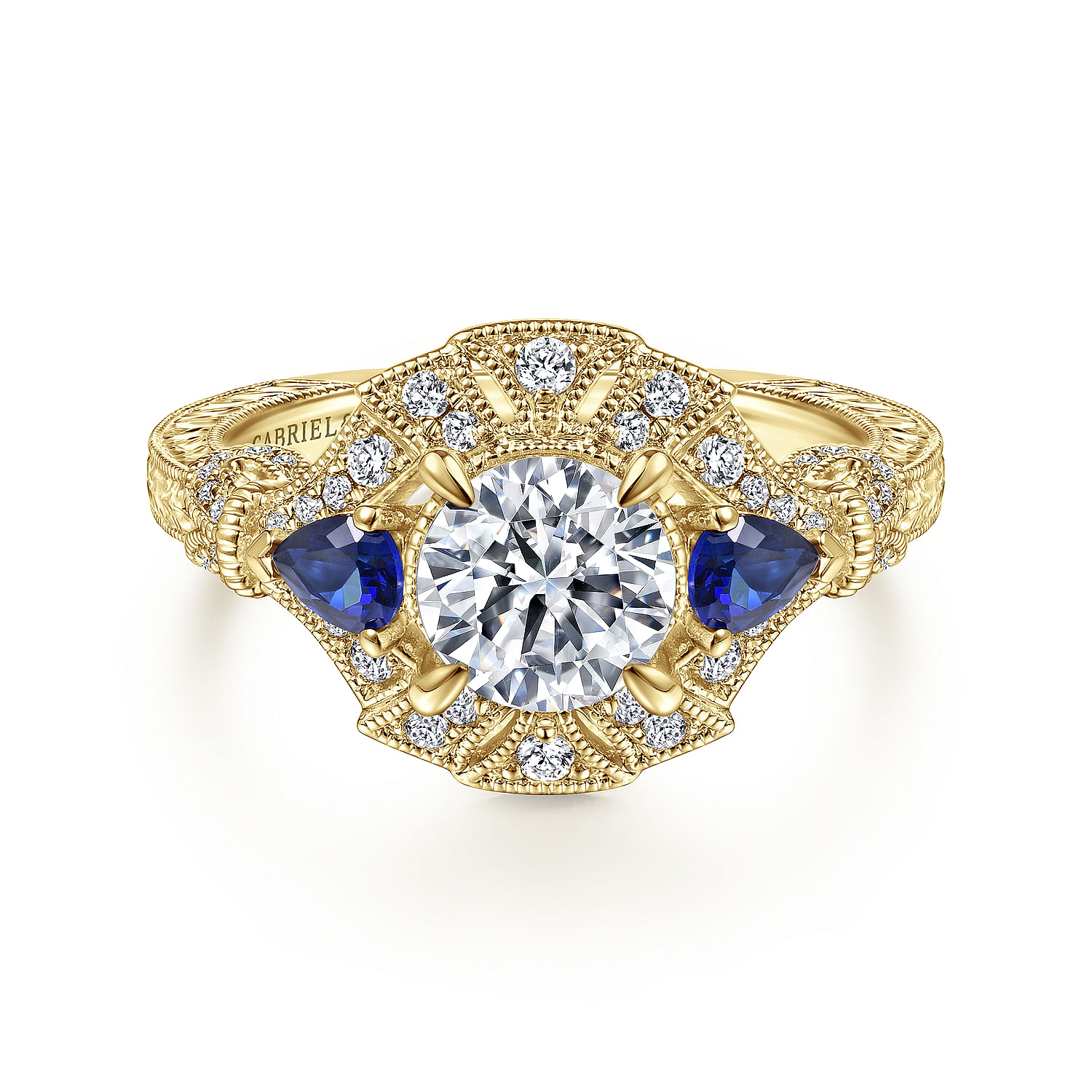 14K Yellow Gold Round Sapphire and Diamond Engagement Ring