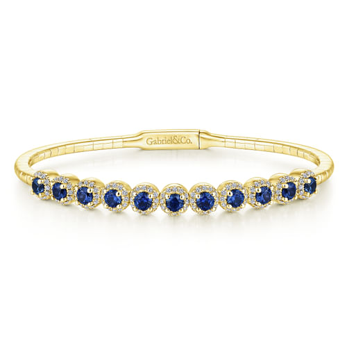 14K Yellow Gold Round Sapphire and Diamond Halo Bangle