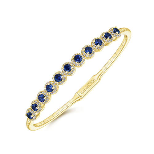14K Yellow Gold Round Sapphire and Diamond Halo Bangle
