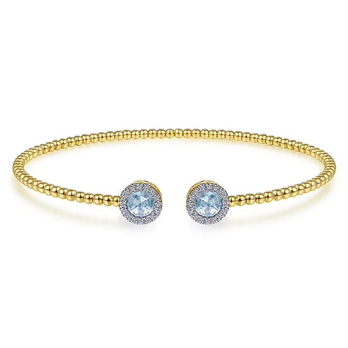 14K Yellow Gold Round Sky Blue Topaz and Diamond Halo Bujukan Bangle