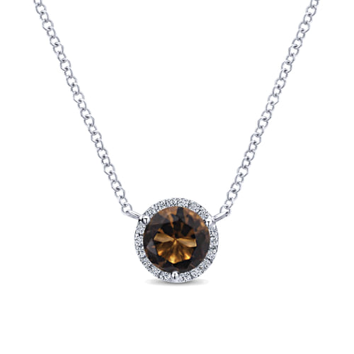 14K Yellow Gold Round Smoky Quartz and Diamond Halo Pendant Necklace
