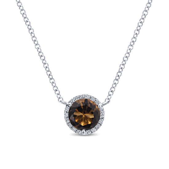 Gabriel - 14K Yellow Gold Round Smoky Quartz and Diamond Halo Pendant Necklace