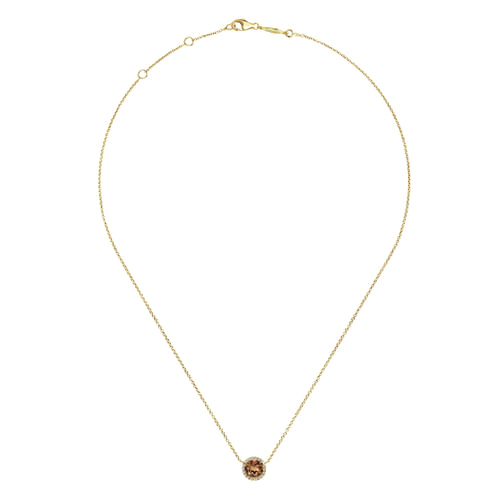 14K Yellow Gold Round Smoky Quartz and Diamond Halo Pendant Necklace