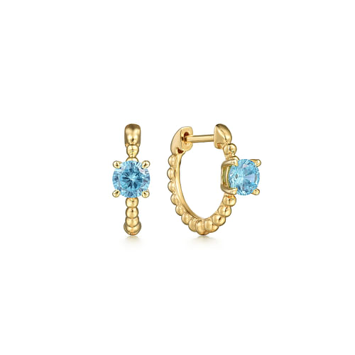 14K Yellow Gold Round Swiss Blue Topaz Bujukan  Huggies