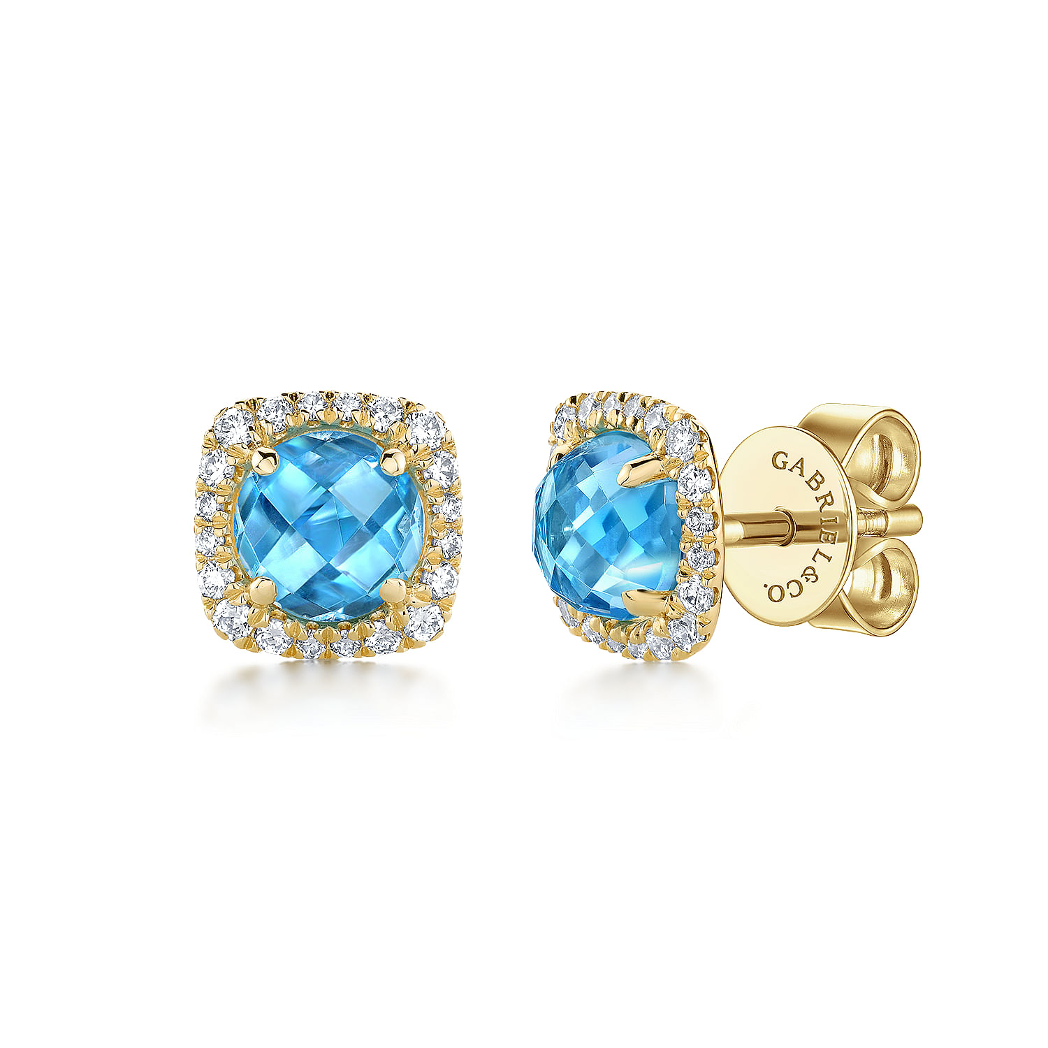 Gabriel - 14K Yellow Gold Round Swiss Blue Topaz Cushion Diamond Halo Stud Earrings