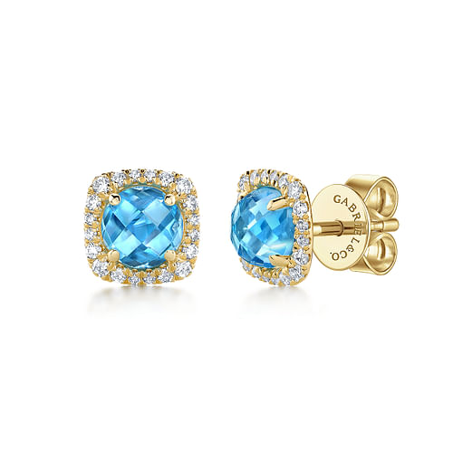 14K Yellow Gold Round Swiss Blue Topaz Cushion Diamond Halo Stud Earrings