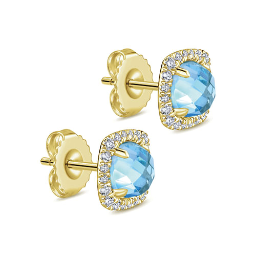 14K Yellow Gold Round Swiss Blue Topaz Cushion Diamond Halo Stud Earrings