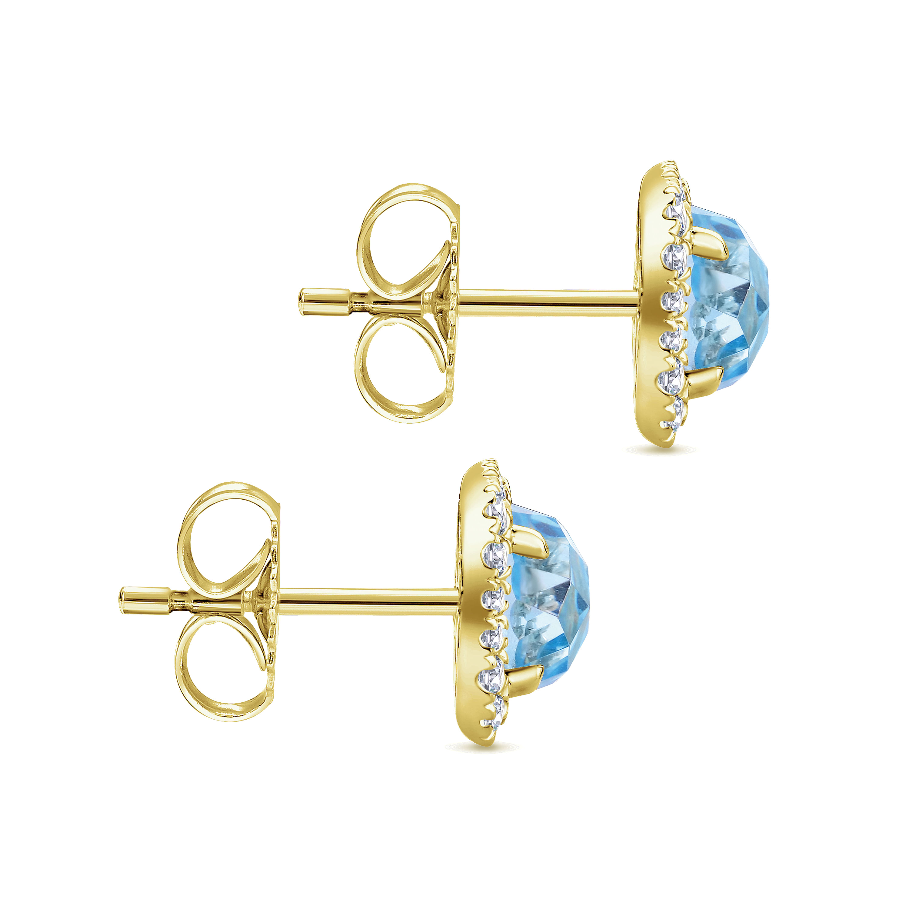 14K Yellow Gold Round Swiss Blue Topaz Cushion Diamond Halo Stud Earrings