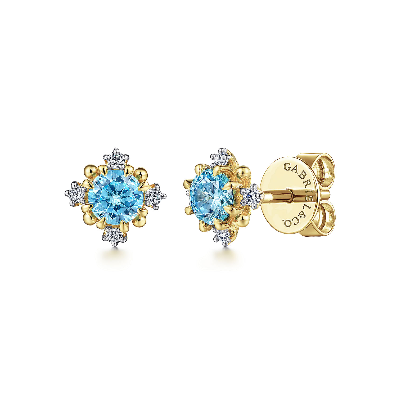 Gabriel - 14K Yellow Gold Round Swiss Blue Topaz and Diamond  Stud Earrings