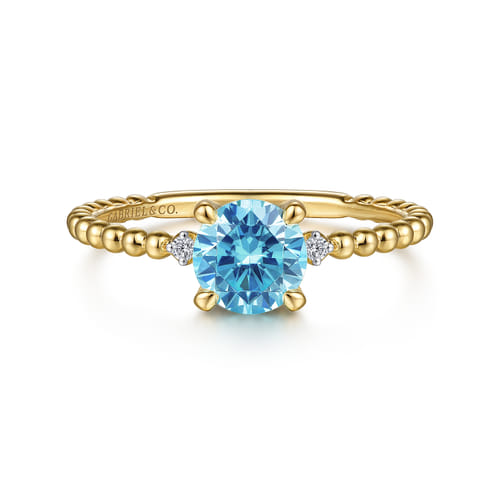 14K Yellow Gold Round Swiss Blue Topaz and Diamond Bujukan Promise Ring