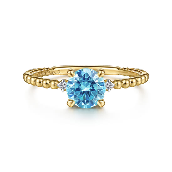14K Yellow Gold Round Swiss Blue Topaz and Diamond Bujukan Promise Ring