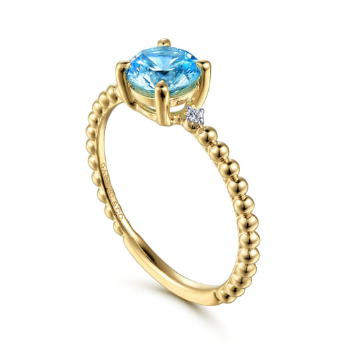 14K Yellow Gold Round Swiss Blue Topaz and Diamond Bujukan Promise Ring