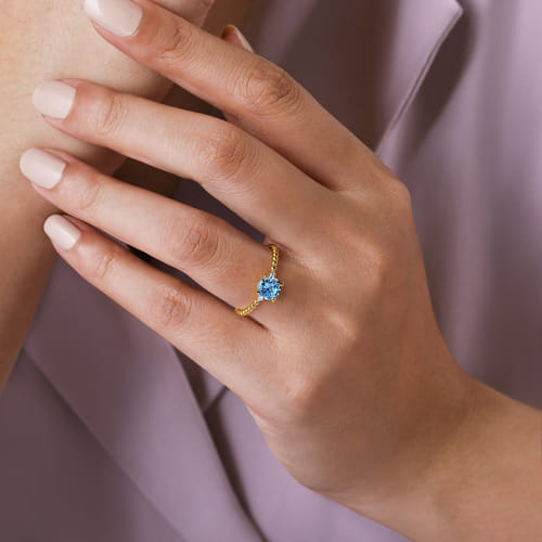 14K Yellow Gold Round Swiss Blue Topaz and Diamond Bujukan Promise Ring