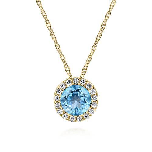 14K Yellow Gold Round Swiss Blue Topaz and Diamond Halo Pendant Necklace