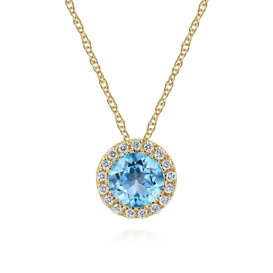 Gabriel - 14K Yellow Gold Round Swiss Blue Topaz and Diamond Halo Pendant Necklace