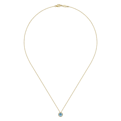 14K Yellow Gold Round Swiss Blue Topaz and Diamond Halo Pendant Necklace