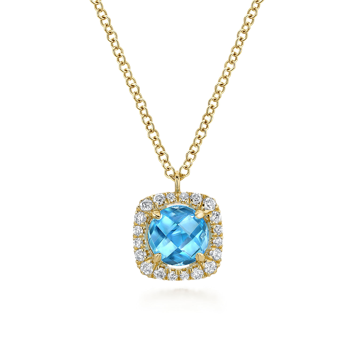 Gabriel - 14K Yellow Gold Round Swiss Blue Topaz and Diamond Halo Pendant Necklace