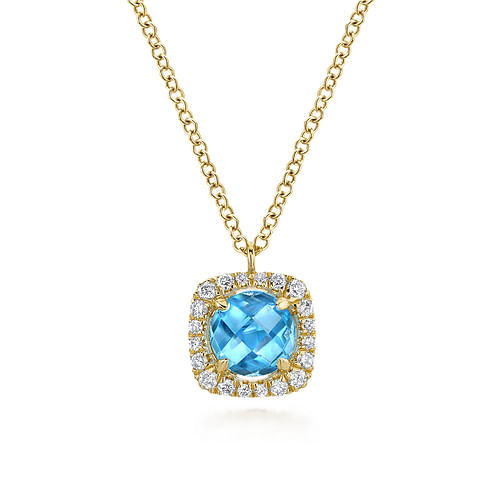 14K Yellow Gold Round Swiss Blue Topaz and Diamond Halo Pendant Necklace