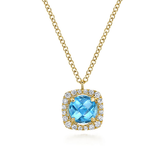 Gabriel - 14K Yellow Gold Round Swiss Blue Topaz and Diamond Halo Pendant Necklace