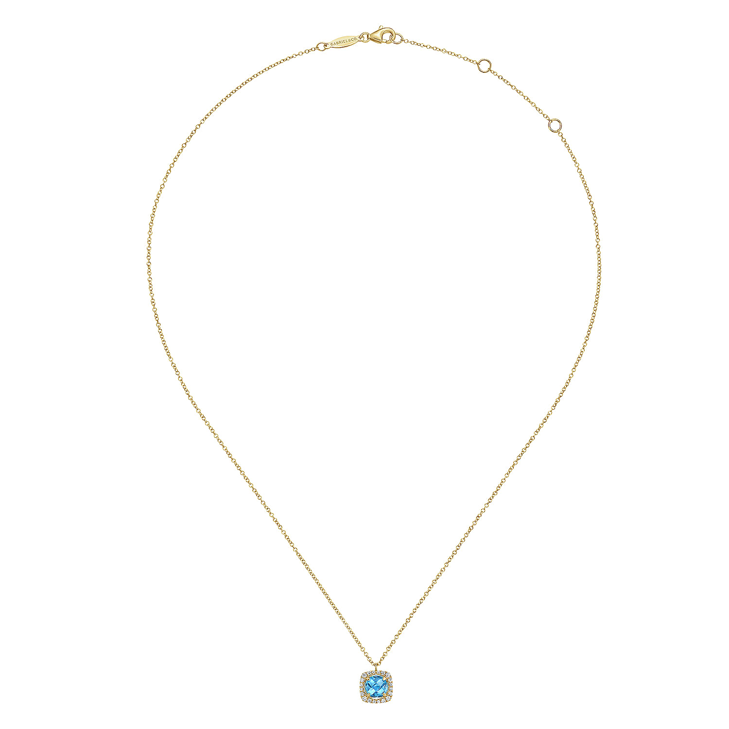 14K Yellow Gold Round Swiss Blue Topaz and Diamond Halo Pendant Necklace