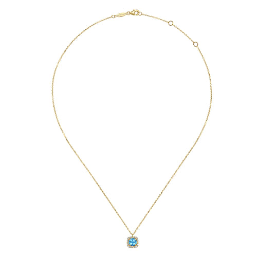 14K Yellow Gold Round Swiss Blue Topaz and Diamond Halo Pendant Necklace