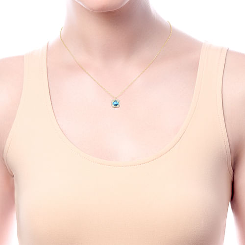 14K Yellow Gold Round Swiss Blue Topaz and Diamond Halo Pendant Necklace