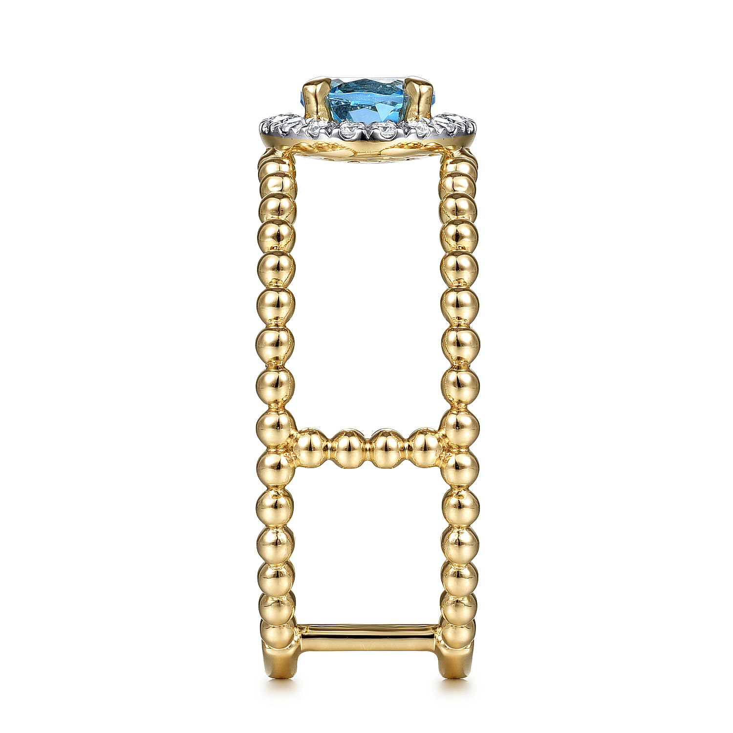 14K Yellow Gold Round Swiss Blue Topaz and Diamond Halo Two Row Ring
