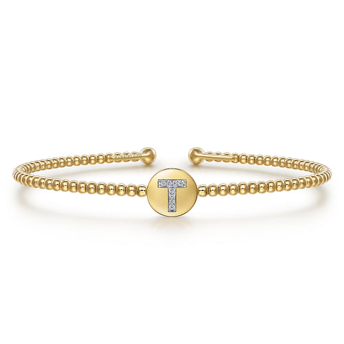 14K Yellow Gold Round T Initial Diamond Bujukan Cuff Bracelet