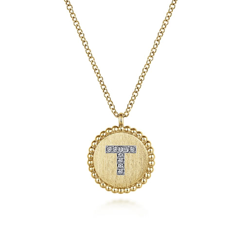 14K Yellow Gold Round T Initial Pendant Necklace with Diamonds