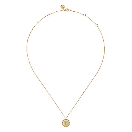 14K Yellow Gold Round T Initial Pendant Necklace with Diamonds