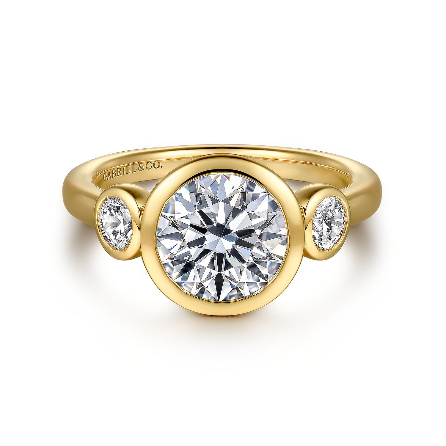 Gabriel - 14K Yellow Gold Round Three Stone Bezel Set Diamond Engagement Ring