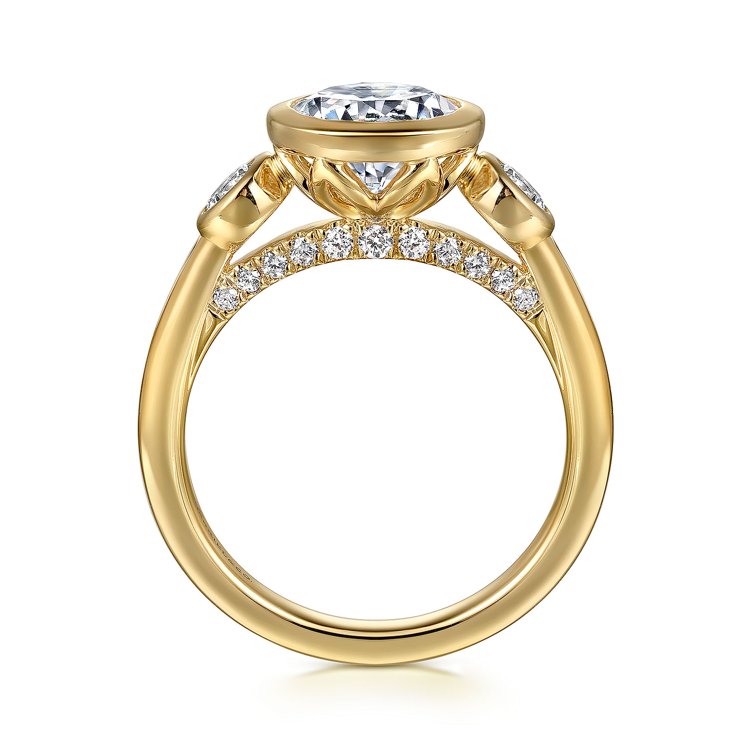 14K Yellow Gold Round Three Stone Bezel Set Diamond Engagement Ring