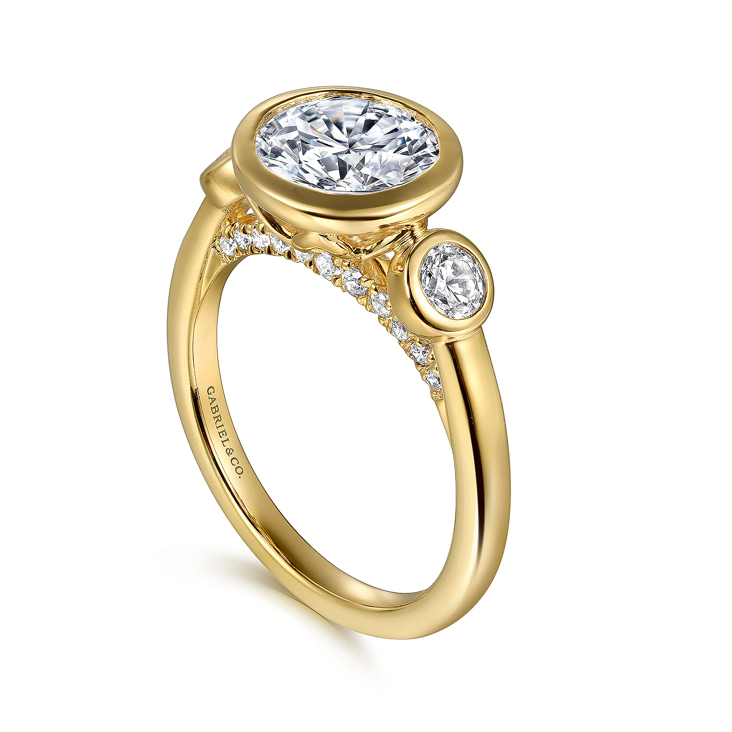 14K Yellow Gold Round Three Stone Bezel Set Diamond Engagement Ring