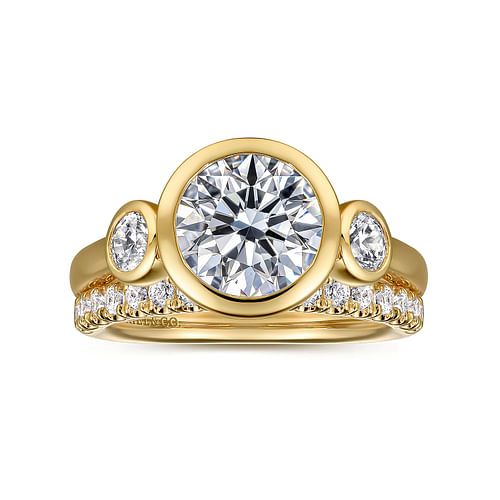 14K Yellow Gold Round Three Stone Bezel Set Diamond Engagement Ring